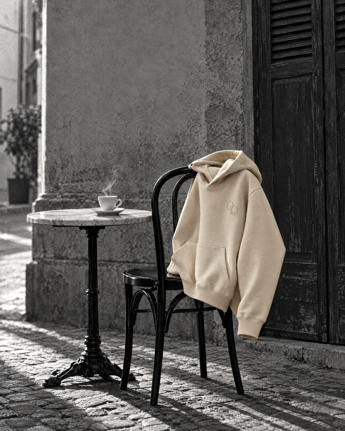 Q-01 hoodie draped over a café chair next to an espresso